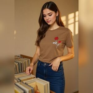 Large Women'S Black Floral Print T-Shirt - Short Sleeve, Round Neck